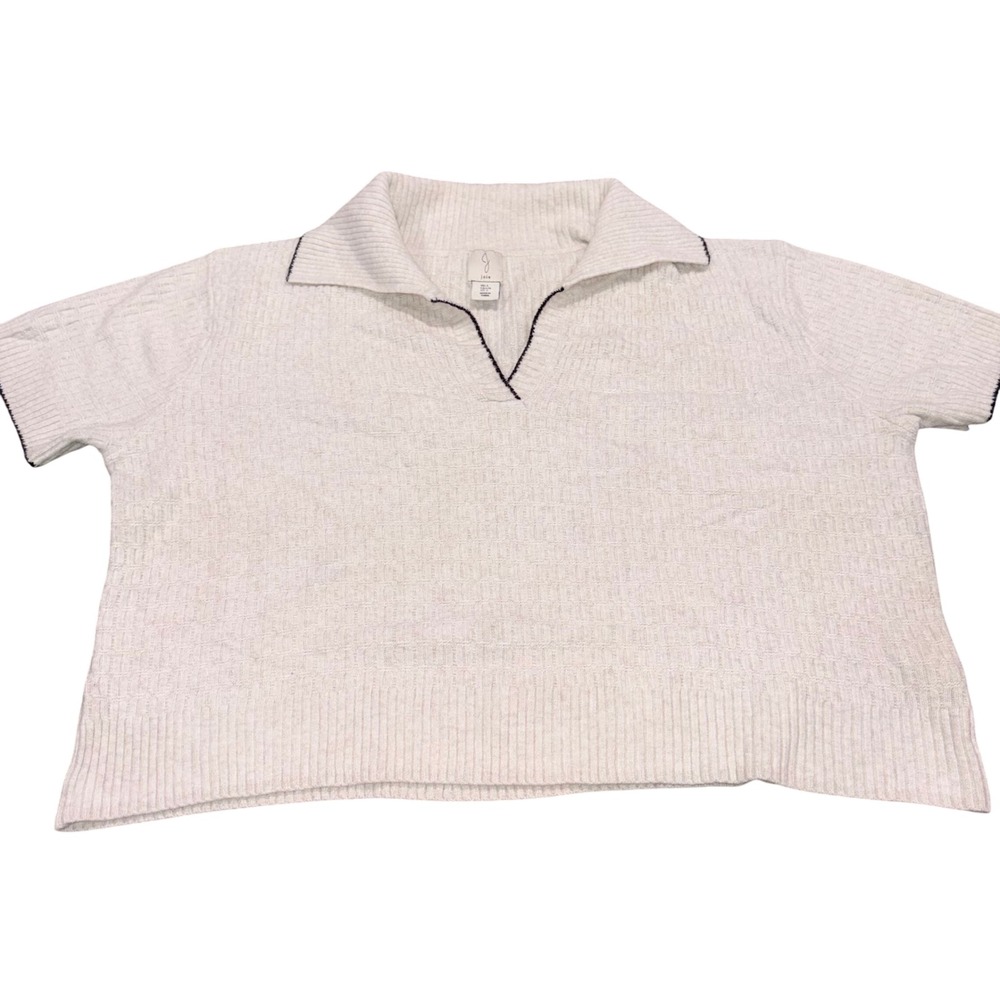 Textured Knit Polo Joie Short Sleeve Sweater Women Large Cream